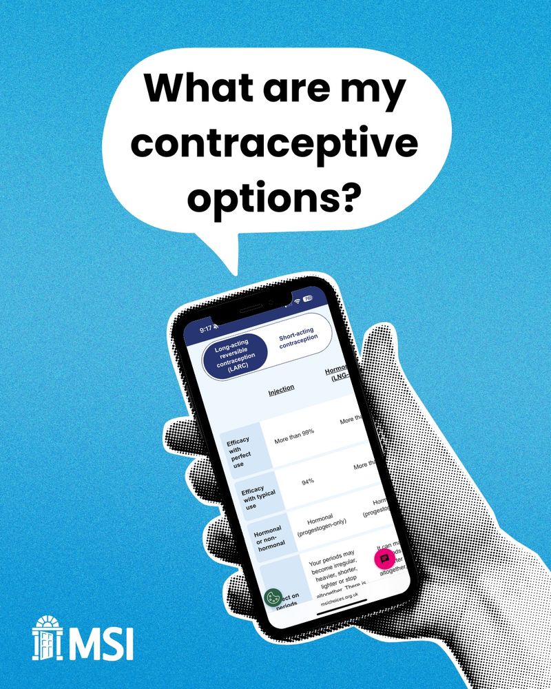 graphic of someone holding a phone with a contraception comparison table open and text above in a speech bubble reading "what are my contraceptive options"