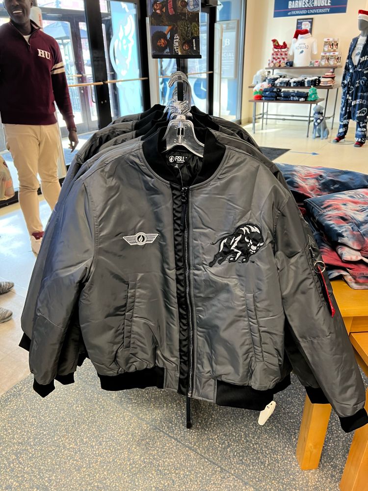the aviator jacket that I designed for the Howard University Bookstore. this jacket was part of an inaugural student-university collaboration capsule that allowed student designers to design and sell limited edition Howard University merchandise in the campus Barnes and Noble