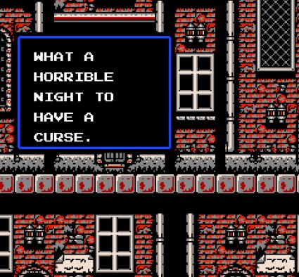 Scene of a brick-walled city with multiple walking levels, from the NES game Castlevania II: Simon's Quest. Text on the screen says "What a horrible night to have a curse."