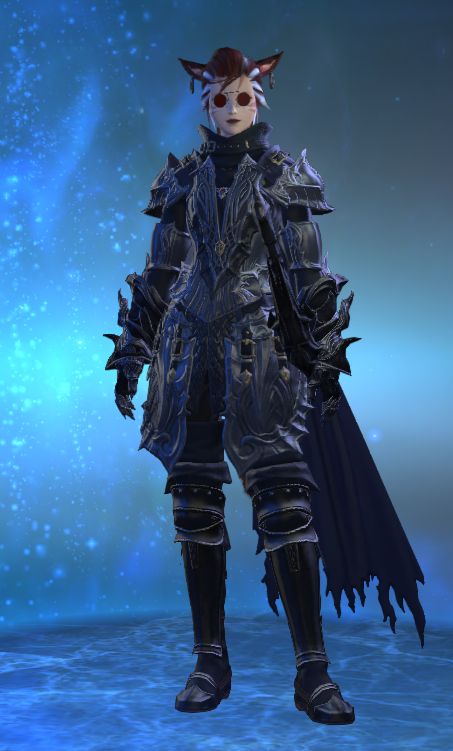 A miquo'te paladin from Final Fantasy XIV in heavy armor and red glasses, standing in a blue blackground.