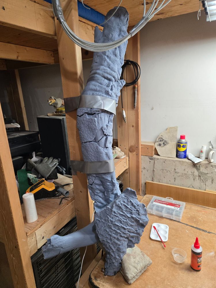 A vertical Grey Edmontosaurus mummy arm held up in its workspace by duct tape strapping