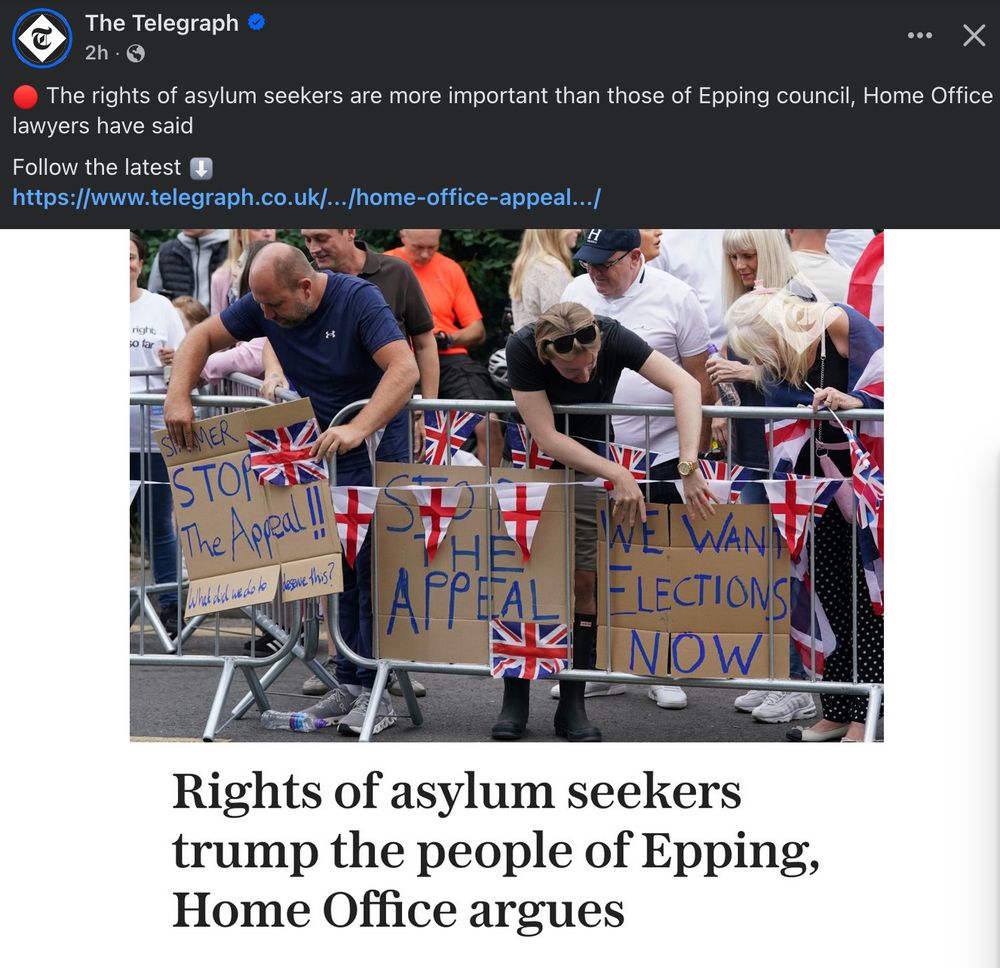 Screenshot of a Telegraph headline 'Rights of asylum seekers trump the people of Epping, Home Office argues'