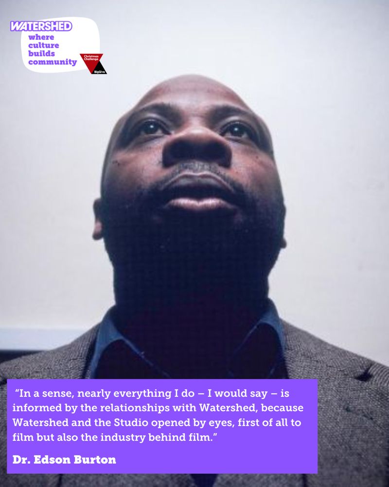 A professional-looking man in a blazer stands against a light backdrop, accompanied by a quote about his experiences with Watershed.