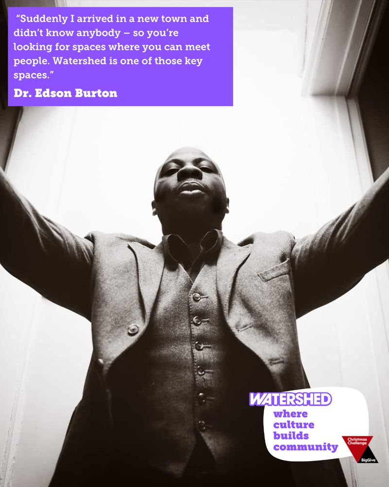 A man in a suit gestures expressively with arms outstretched, accompanied by a quote about community spaces.