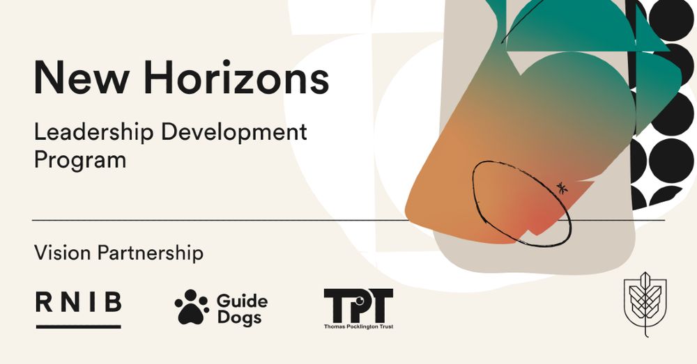 New Horizons Leadership Development Program. Vision Partnership.” The background features abstract shapes in beige, orange, green, and black. Logos sit along the bottom for RNIB, Guide Dogs, Thomas Pocklington Trust, and Hult Ashridge Executive Education