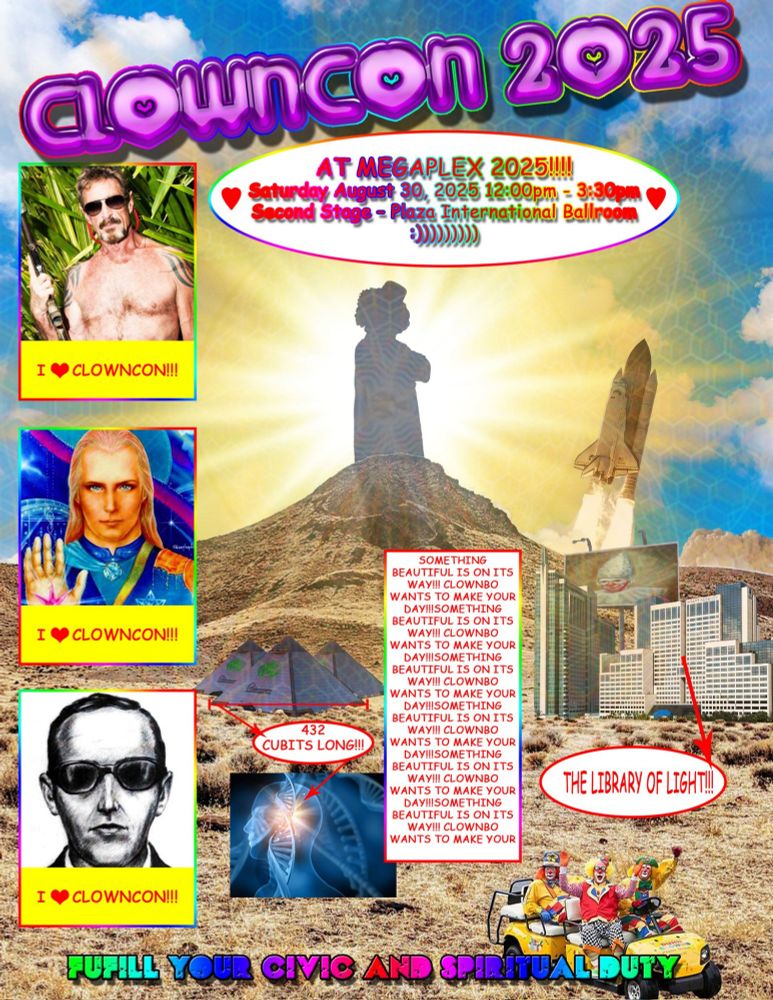 Poster for Clown Con 2025, very visually chaotic and not easily parsable. Clown con will be at megaplex at 12pm to 3:30pm on second stage. The hyatt regency is labeled "the library of light". John McAfee, Ashtar, and D.B. Cooper all say they love Clown con. ClownBo stands tall over a mountain in the desert. 