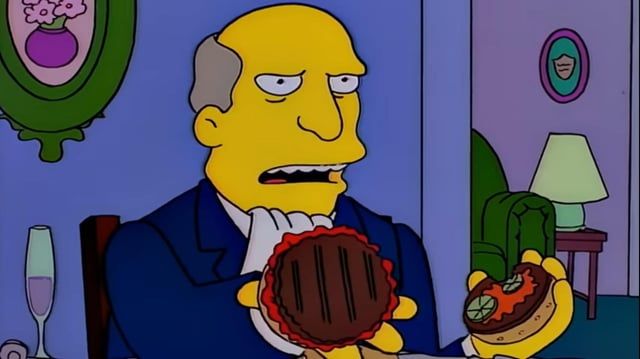 Picture of Superintendent Chalmers from The Simpsons. The frame is from the "Steamed Hams" bit where he questions Seymour Skinner about how the burgers are grilled despite being called steamed hams.
