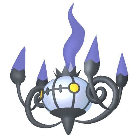 Das Pokémon Skelabra - eine Art Kronleuchter in schwarz mit blauen Flammen und gelben Augen