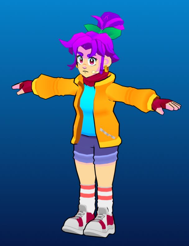 an after picture of a low-poly 3D character with messy purple hair, yellow jacket, blue shirt, red scarf and gloves, pink puffy striped socks and slightly larger red running shoes