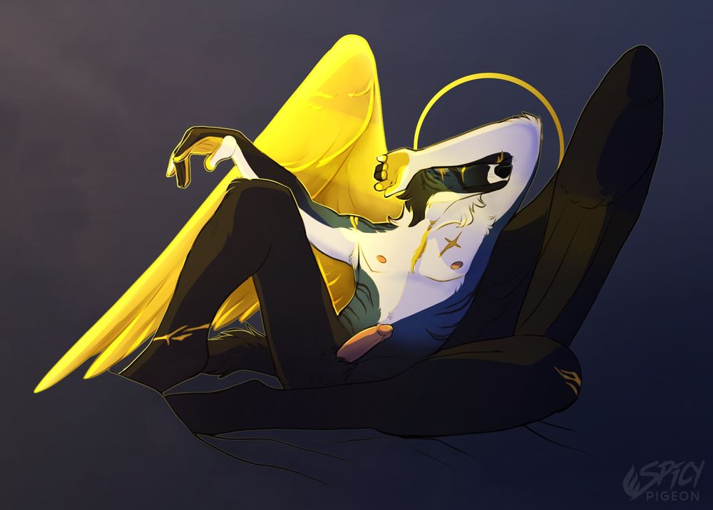 A nude anthro borzoi character sitting and leaning backward with his arm over his face. He has wings, one black and one shining gold. There's a golden circle framing his head like a halo. 