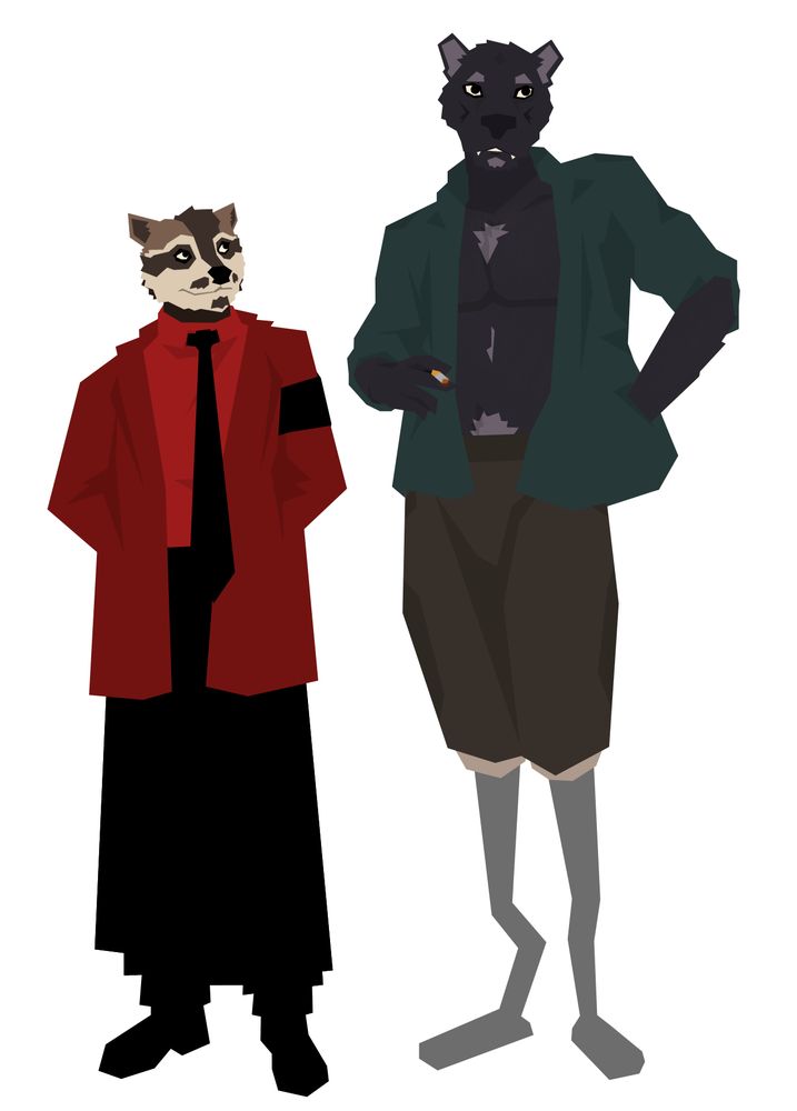 Two full-body sprites of anthropomorphic characters. The taller of the two has two prosthetic legs.