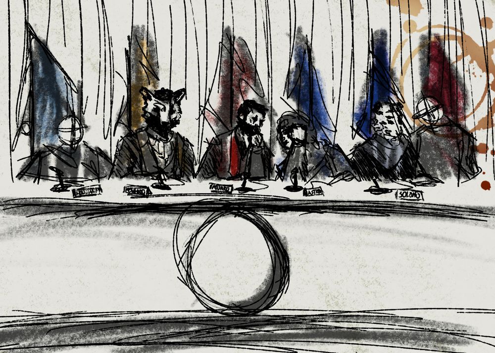 A messy courtroom-style sketch of judges talking among themselves, presumably from the perspective of the gallery or the accused. Multicolored flags sit behind each judge. Microphones and name plaques rest in front of them. The plaques read (left to right) "Holloway", "Bowhead", "Munro", "Aster", and "Solono". The canvas is stained by coffee rings in the top right.