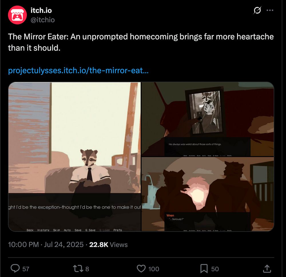 A Tweet from @itchio: "The Mirror Eater: An unprompted homecoming brings far more heartache than it should." Below are three images, taken from the visual novel's itch.io page.
