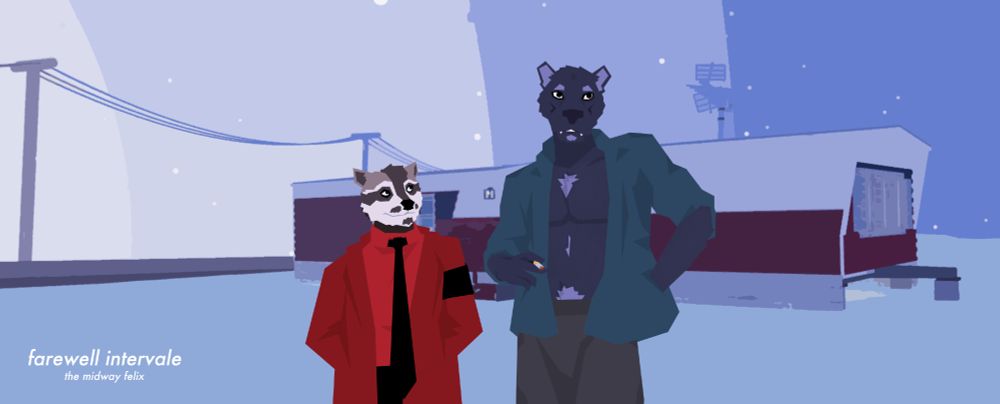A pair of characters stand outside in the snow. One smokes as the other studies him. A trailer home, telephone poles, and a road are in the background. It's snowing, and everything is ever-so-slightly blue. In the corner is the text: "Farewell Intervale" with the subtitle "The Midway Felix".