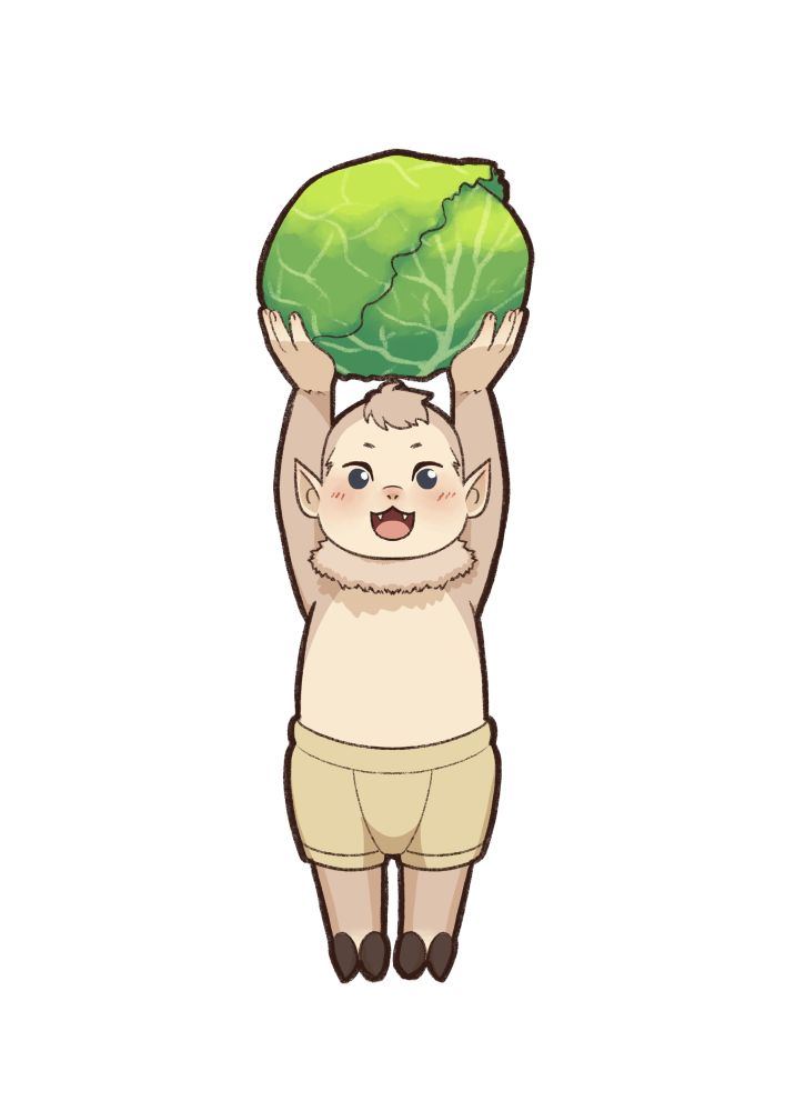 A baby orc, very fluffy and cute, holding a leafy vegetable