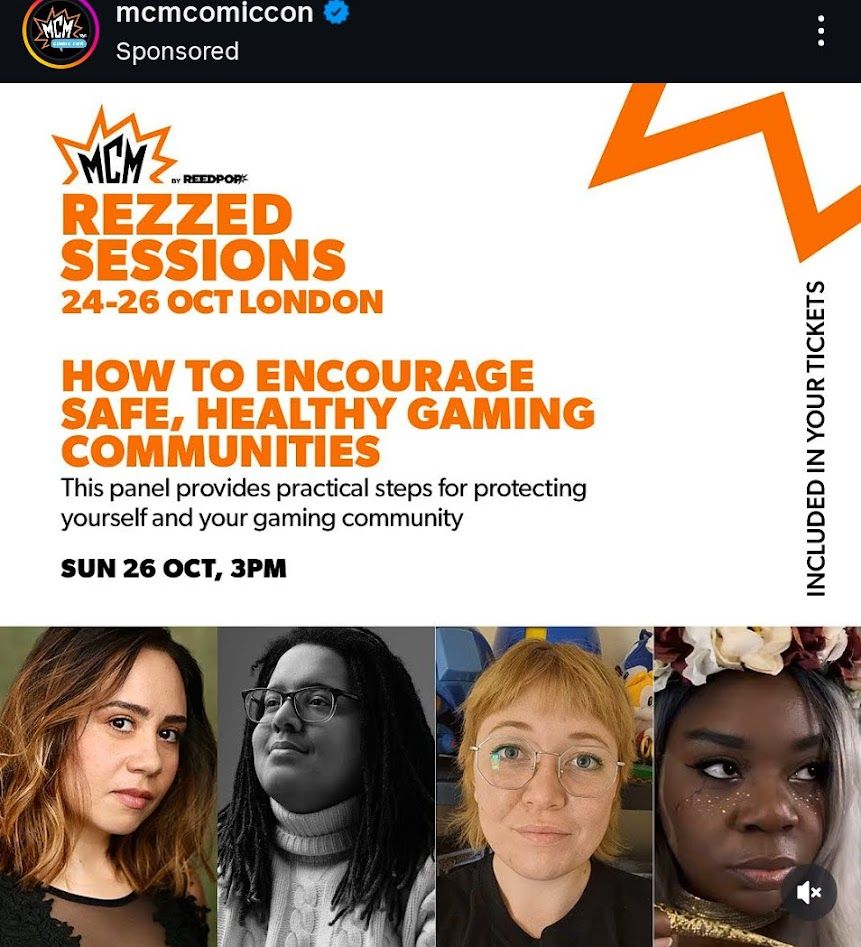 A graphic with details and guest photos for a panel. "How to encourage safe, healthy gaming communities. Sun 26 Oct. 3pm"
