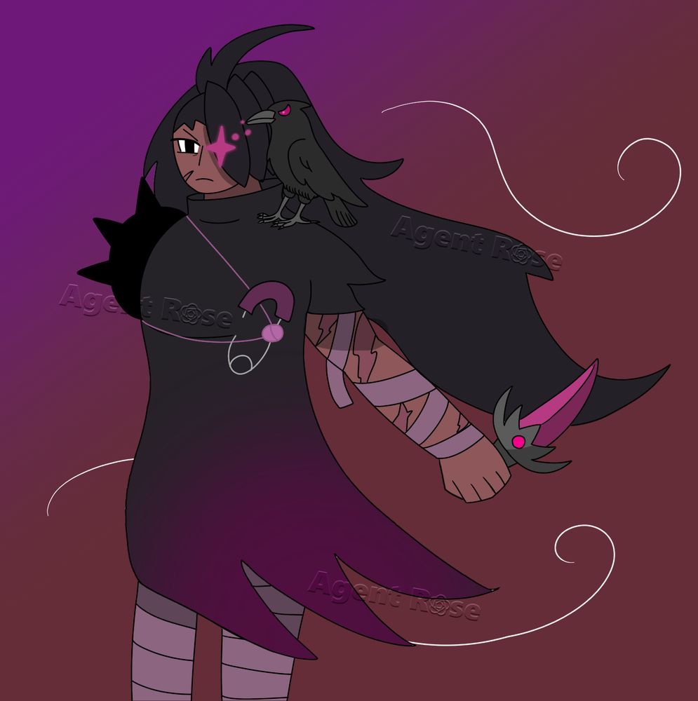 Black Raisin Cookie with a perched crow and a dagger, staring as the wind blows her hair and cloak.