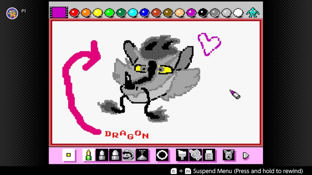 A drawing of a cool dragon made in Mario Paint. An arrow in the image is confirming the previous statement.
