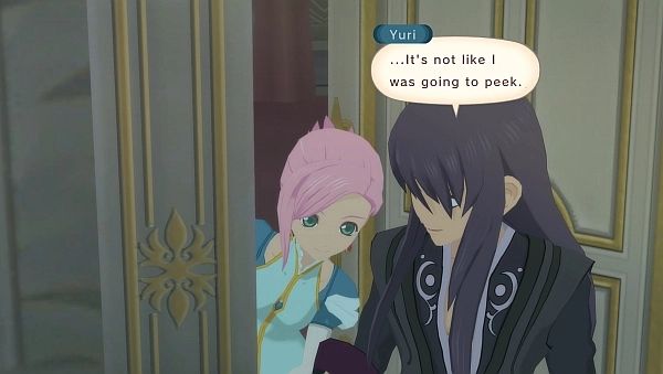Gameplay picture of Tales of Vesperia including characters Yuri and Duke being cute.