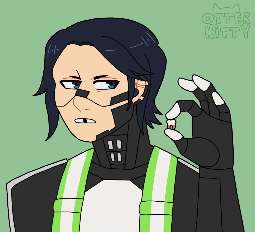 A ara unit with a missing tooth, holding a tooth between her index finger and thumb. She looks tired and annoyed.