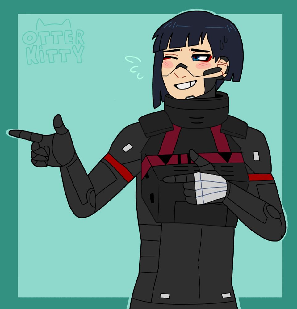 A STAR unit, doing a finger guns motion, with a awkward smile.