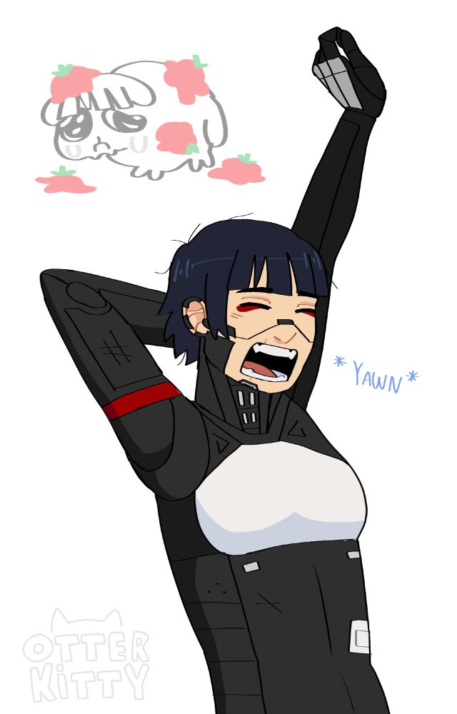 Fanart of STAR Panzer, stretching and yawning. On the top left corner there is a small doodle of a little cat with bangs like Panzer and a sad face, covered in thrown tomatoes.