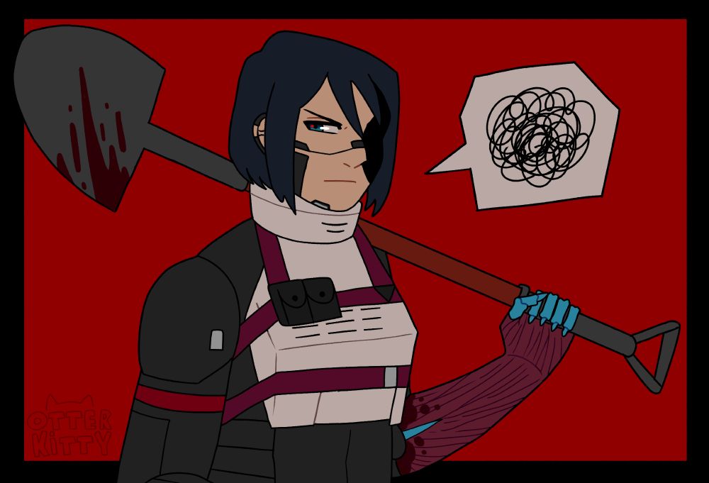 A storch unit holding a shovel with blood on it. She looks irritated, and her left hand has exposed muscles and bones.