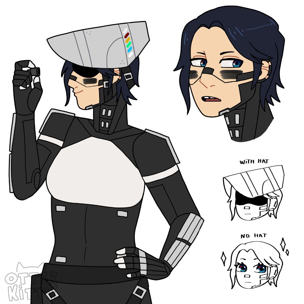 Art of few doodles of a Ara unit, Elf. On the left, she is smiling while looking at a wrench socket, her eyes obscured by her hard hat. On the top right, there is a headshot of her, not wearing the mask. On the bottom right, there are two doodles of Elf. In the first one she is wearing her hat, obscuring her eyes, and on the second she is showing big shiny eyes.