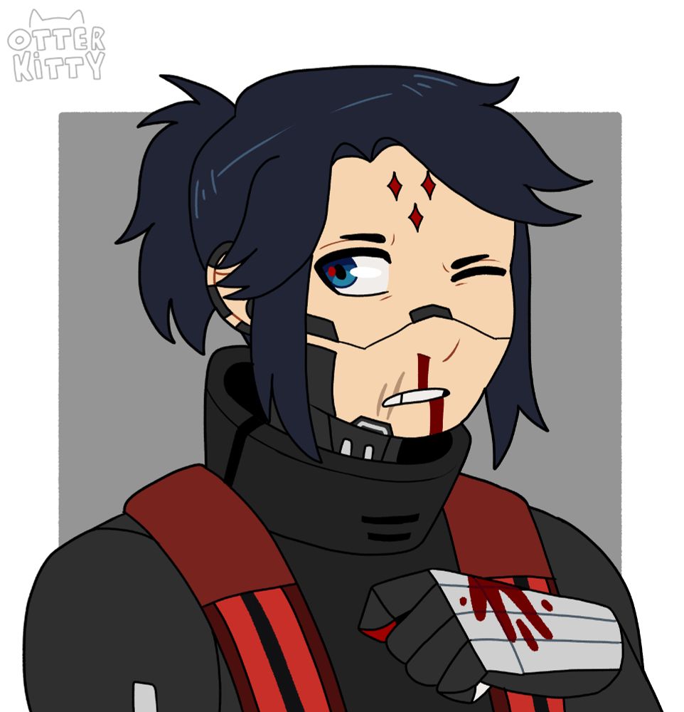 A kolibri with black armor and hair tied in a ponytail. There is blood coming out of her nose and mouth, and more blood on her hand.