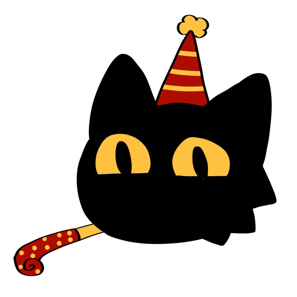 a black cat sona with a pointy birthday hat and a party horn