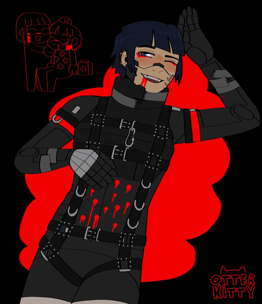 A star unit laying on the ground, with bright red bullet wounds in her stomach and oxidant pooling around her in a black background. She is smiling and blushing. On the top left theres a small doodle of another star unit hugging her and patching her up with a med kit.