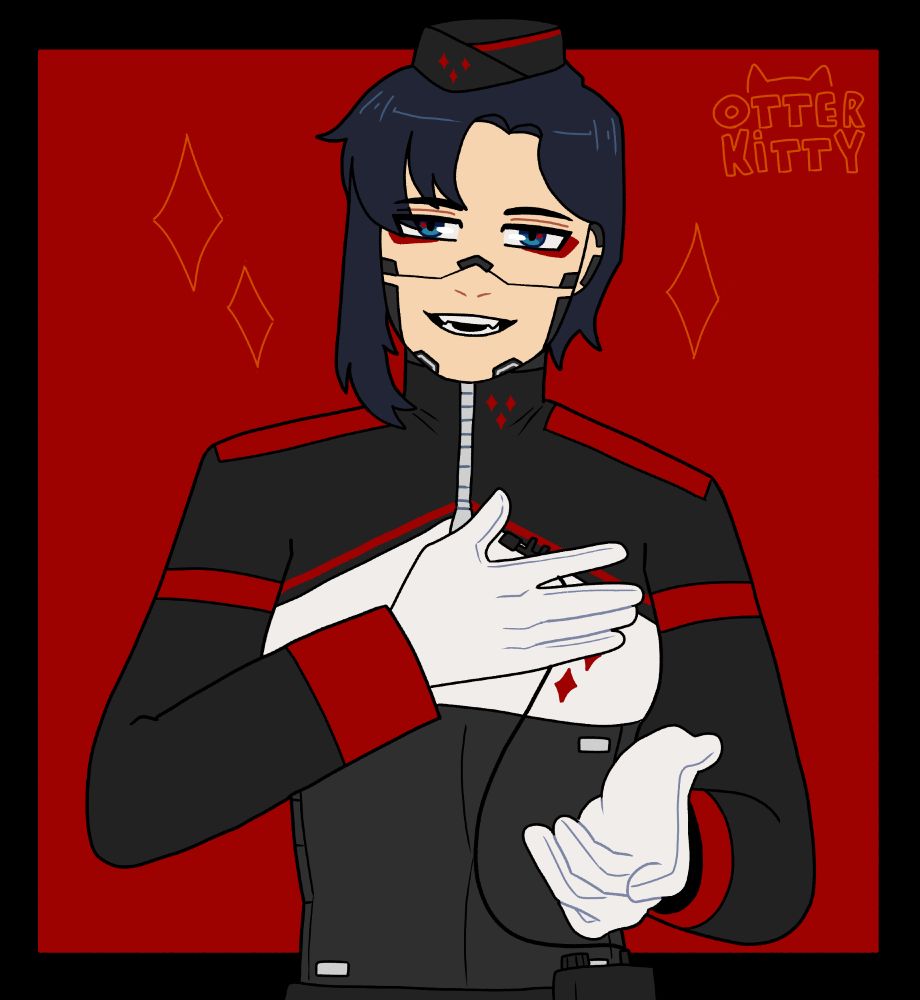 Reiher, a original replika unit, offering her hand to the viewer.
