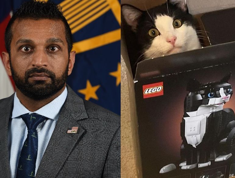 kash patel's photo next to a pic of a cat in lego box. they look very similar