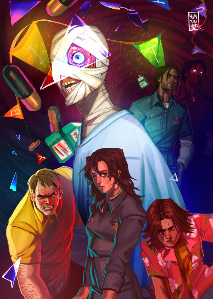Drawing of the characters in the game mouthwashing,