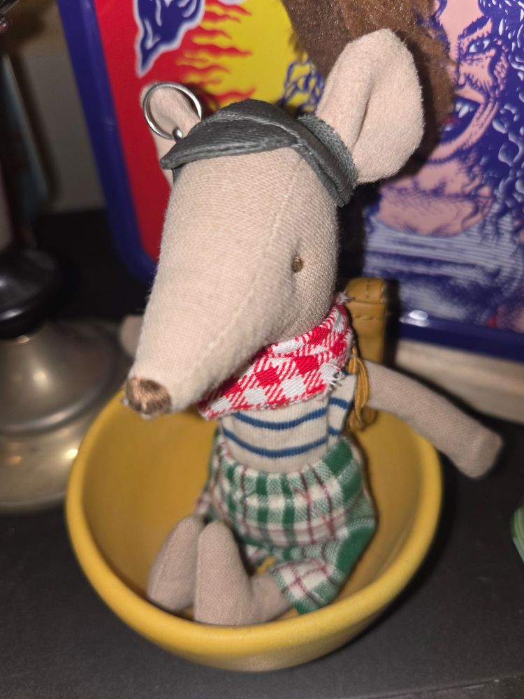 My little gay mouse son marcelle sitting in an egg cup, wearing green plaid shorts, a striped tank top, gingham neckchief and tiny leather cap 
