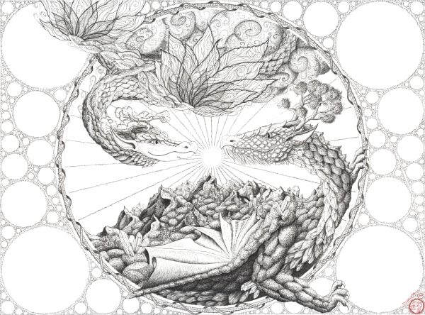 5D Dragons
An air dragon and an earth dragon lock eyes in the middle of a sacred circle made of light language.