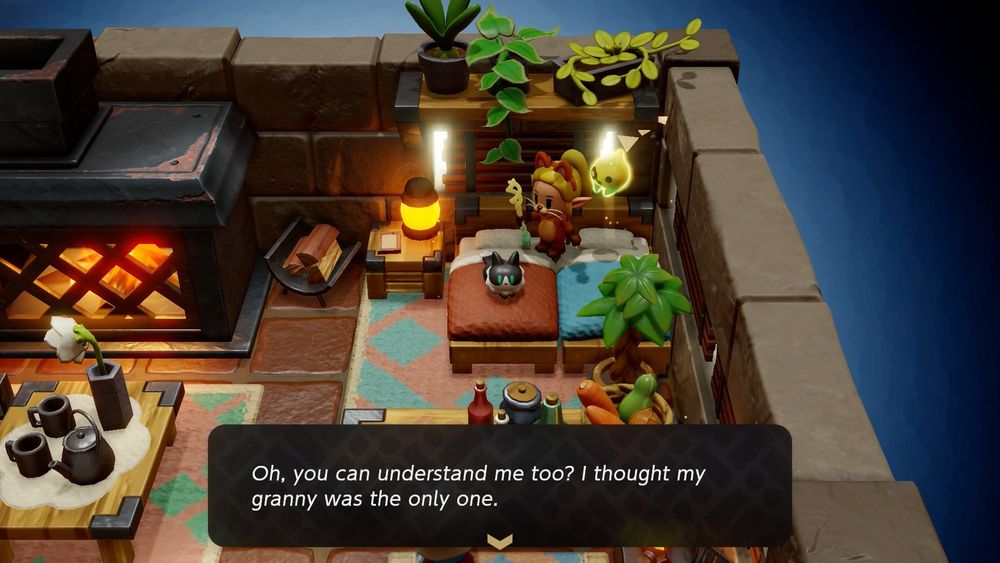 A screenshot from The Legend of Zelda: Echoes of Wisdom. Zelda is inside a house, wearing a cat outfit, which allows her to talk to cats. She is talking to a cat, who says “Oh, you can understand me too? I thought my granny was the only one.”