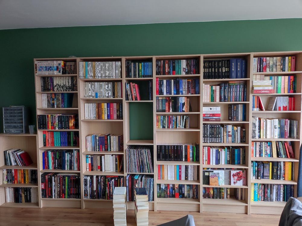 Une bibliothèque en bois clair remplie de livres devant un mur vert.