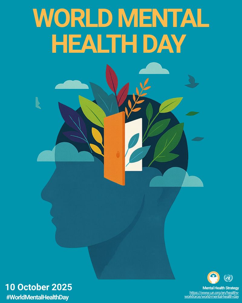 World Mental Health Day
10 October 2025
Graphic of a person’s head with clouds, birds, leaves and an open door layered over the brain.