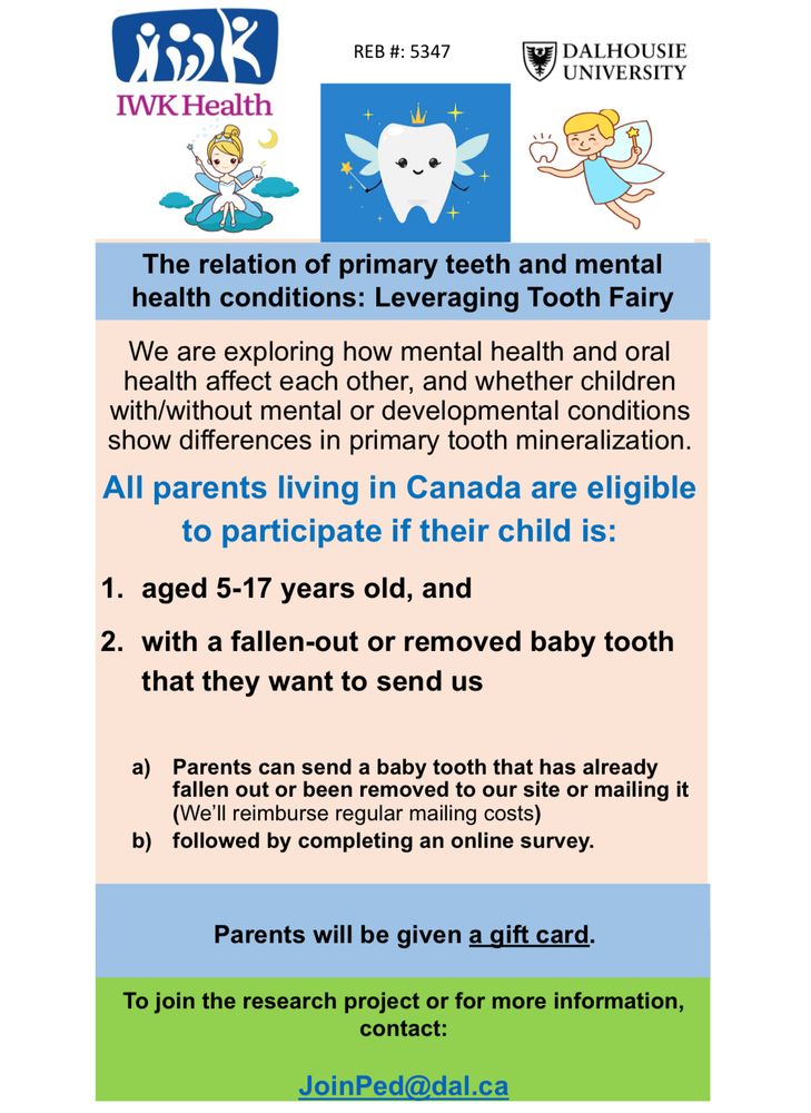 A flyer asking for participants for a research study between Dalhousie University and IWK Health that will study affects of primary tooth mineralization and mental health. Eligible parents must have a child’s aged 5-17 years with a fallen out or removed baby tooth to send to the research team. Participants will receive a gift card. Contact joinped@dal.ca for more info.
