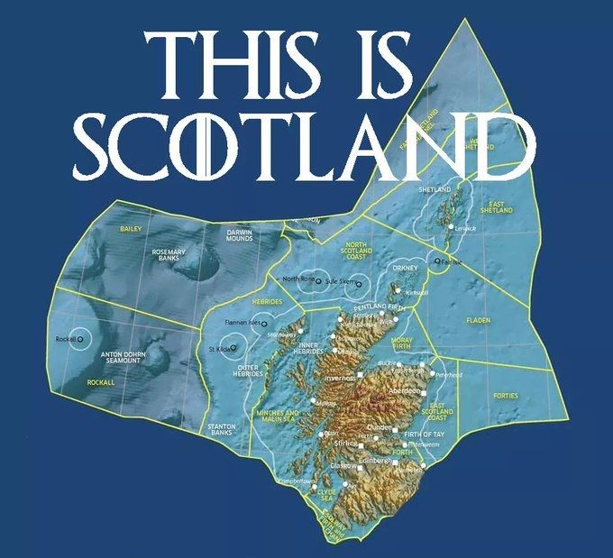 Scotland Land and Sea Terrirory post independence. However huge chunk of sea and oil stolen by England, needs reinstatement by UN.