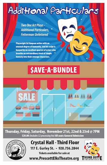 Poster for "Additional Particulars," 2 one-act plays upstairs at the Elks Theatre in Prescott AZ, Nov. 21-23, 2024