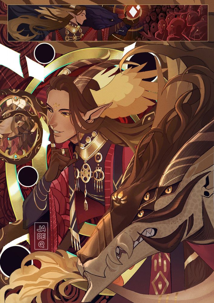 Illustration of Ly'rill Varenian, OP's OC, who has three form. The middle figure shows their half eldritch form wearing elaborate outfits, with a smug expression as they're in a shushing pose. A massive dragon head encompass half of the canvas with three eyes. The portrait on the left shows half covered face of her normal human face. The upper part of the piece shows a tapestry of Ly'rill in their alternate form, holding up stars. Beside them is a massive wolf like creature with golden eyes. Red figures are shown in the right side of the tapestry, clambering to be given the start.