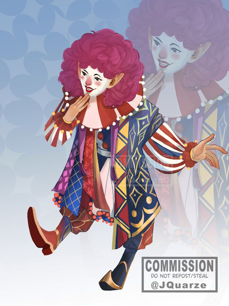 Digital art of Mismatched, a young autognome clown. She has fuschia colored curly hair. Her face is painted porcelain white with bright red lipstick and soft pink blush. She is looking elsewhere with a look of mischief. She's wearing mismatch of outfits, most prominently jester outfit, with different colors mixing together. Long blue coat with star-like patterns and various colored patterns. Billowing candy-cane color sleeves with red cuffs. Various lengths and colors of cloths over her right side. Under the coat, she's wearing big, red button up jester outfit. She's wearing different colored boots, her left boot is blue with gold and her right boot is red with gold.