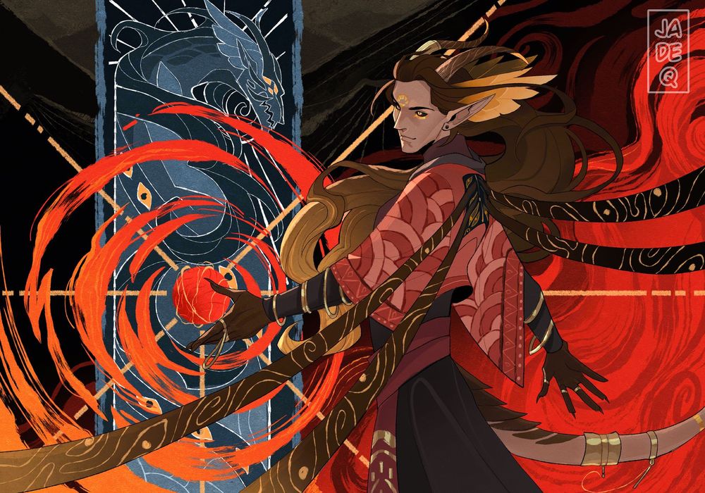Digital art of Ly'rill, OP's OC, with their hand out, adorned with gold jewellery, horned and wings behind their long ears. Her eyes are black with gold pupils, they have metallic markings on their face. Tendrils emerged behind their back with intricate patterns, eyes are seen. She has a tail also adorned with gold jewellery. A red circle is near her left hand and fire-like trails surrounds the circle. Behind the circle is a blue tapestry of an eldritch dragon, Ly'rill's true form. Ly'rill is wearing a long sleeved, neck high undershirt, with red cropped robe. A red sash around her waist. The background is red trails of fire and mountains.