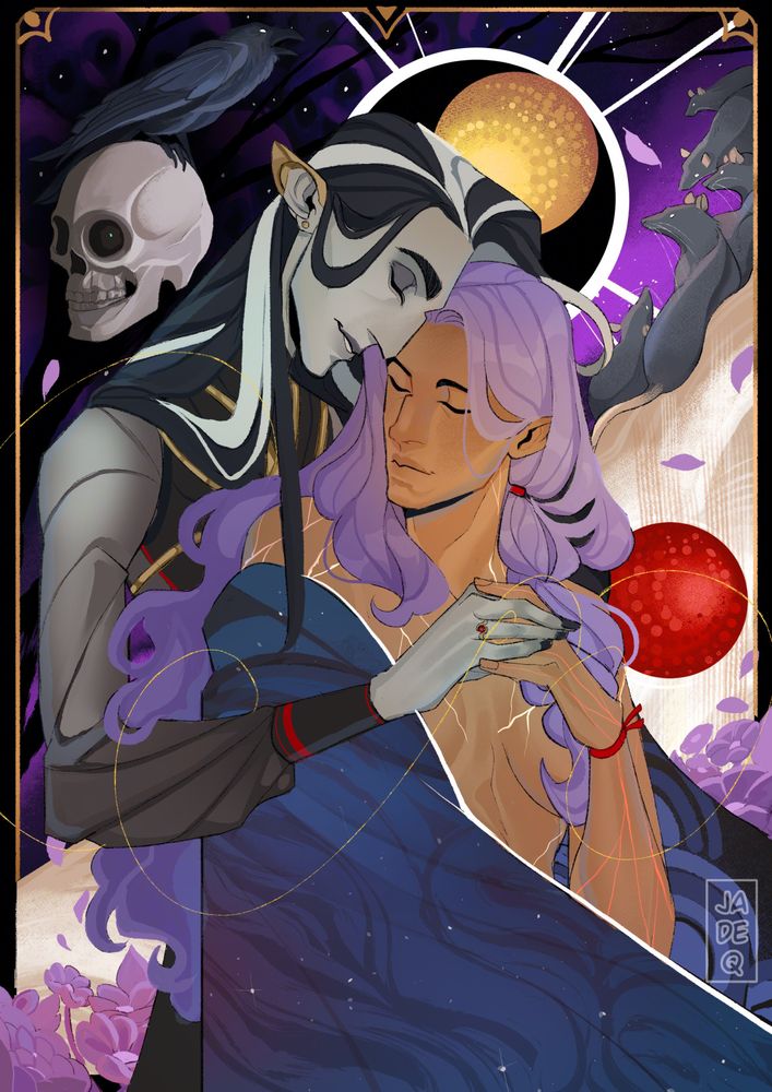 Illustration of Imogen and Laudna from critical role. Laudna has long dark hair with shock white streaks. She's wearing a dark dress with gold chains across her ribcage, transparent billowing sleeve and has a ring on her ring finger. She has a soft smile as she leans her forehead on top of imogen's, intertwining her hand with Imogen. Imogen has long, wavy lavender hair, a part of it is braided. She is covered with flowing dark blue cloth. Markings resembling lightning strike decorates her body. She has a soft expression as she's leaning towards laudna. A raven is perching on a skull with a single pinprick of green glow. Rats are sitting on the border that separates the darkness and light. Subtle purple skulls are seen in the dark background with a single prominent golden sun. In the lighter area, purple flowers are shown with a single red moon on Imogen's side. Gold threads intertwine the two women.