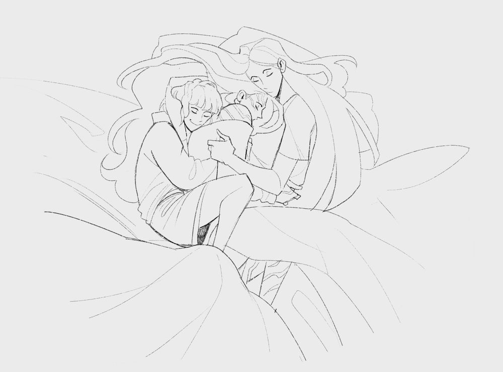 Doodle of Zoey, Rumi and Mira cuddling together, with Rumi being sandwiched by the other two.