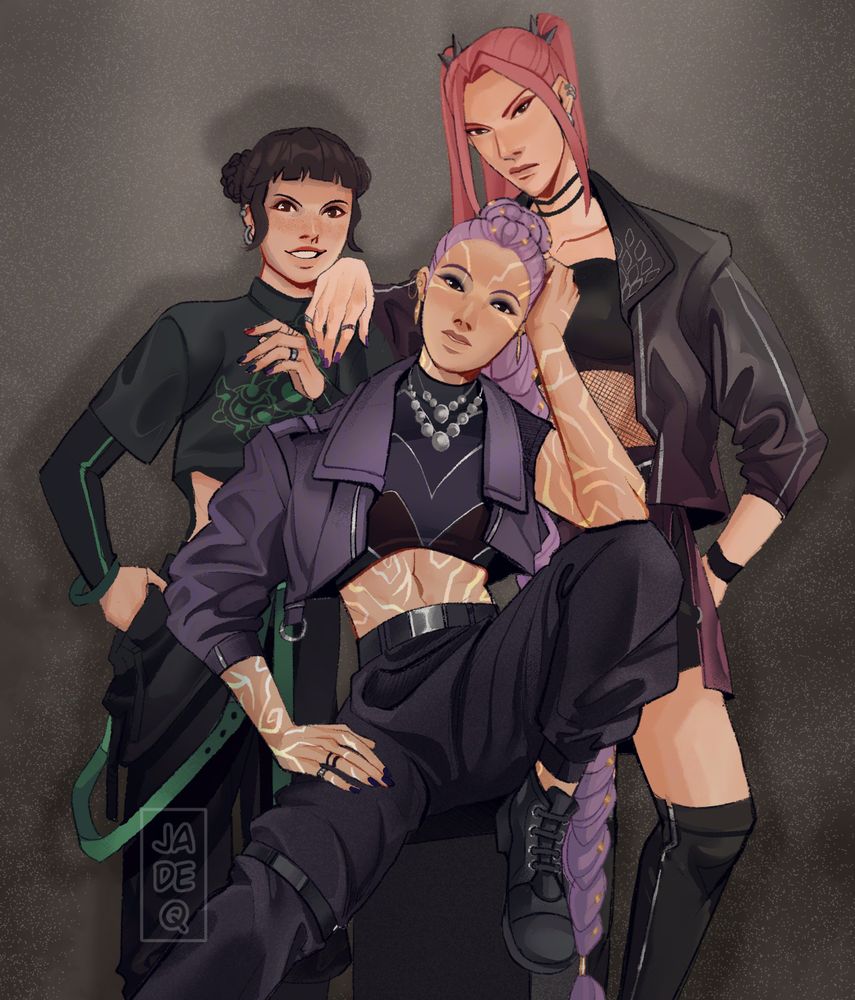 Digital illustration of Rumi, Zoey and Mira from kpop demon hunters posing for a photo shoot. Rumi is in front of the two girls, leaning against her hand, looking bored. Mira is behind her back, her hand on Zoey's shoulder with an angry expression. Zoey is leaning against Rumi's back, smiling with an intense look.