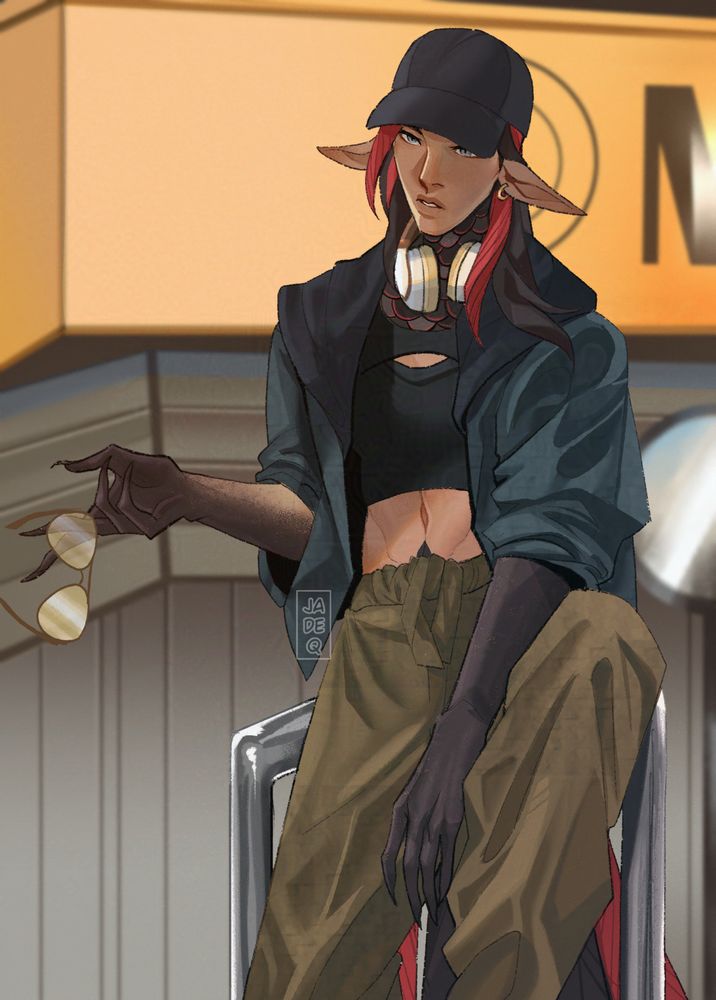 Digital art of Astrel sitting on a metal beam, with a curious expression as she balances her aviator glasses on her finger. The background is a blurry closed shop.