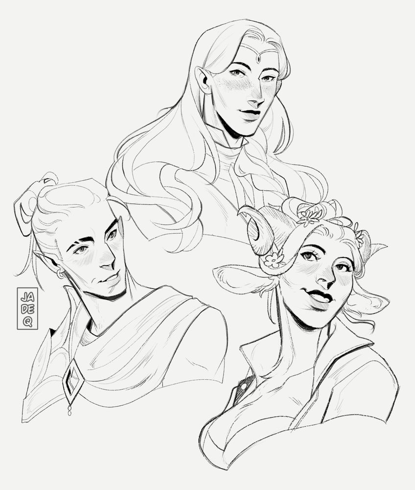digital art of imogen temult, dorian storm and fearne calloway from critical role. They're drawn in monochromatic and are not colored.